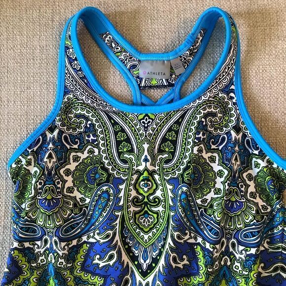 Athleta Blue Green Paisley Drawstring Racerback Swim Top - Picture 2 of 13